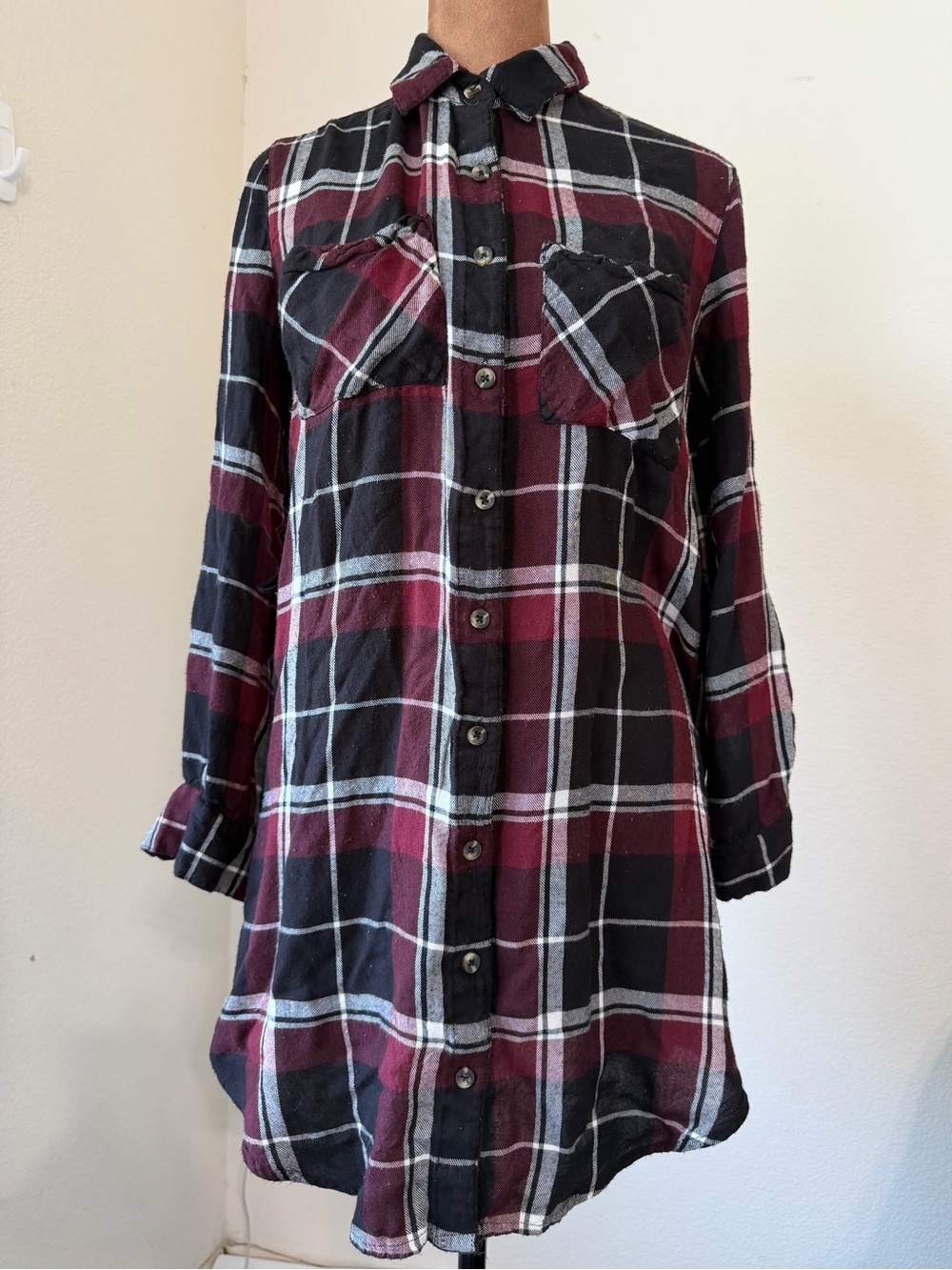 Win Black and Burgundy flannel Button-Front Shirt Dress